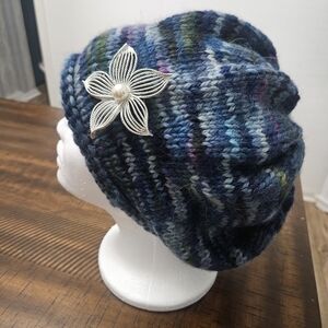 Blue Multicolor Knit Beanie with Silver Flower Accent
